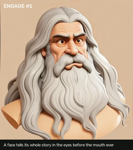 The cartoon da Vinci mid-response, turned toward the person he engaged