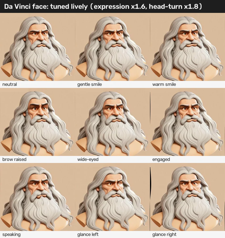 The same nine expressions with expression intensity and head-turn range increased