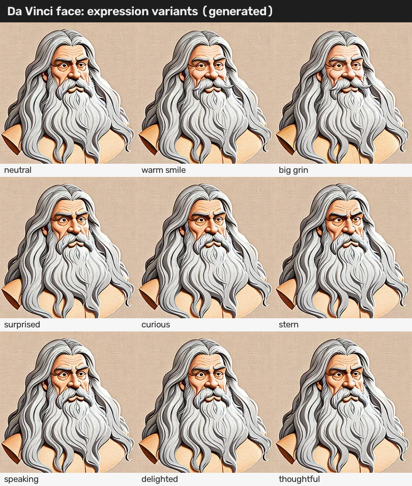 A grid of separately generated images, one per expression, each a slightly different identity